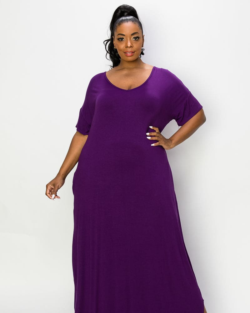 Front of a model wearing a size 2X Scarlett Maxi Dress in Eggplant by L I V D. | dia_product_style_image_id:240493